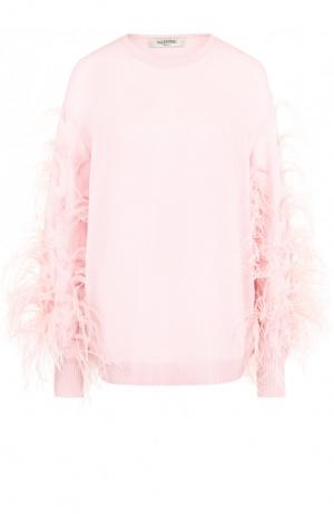Пуловер из смеси шерсти и кашемира с перьевой отделкой Valentino. Цвет: светло-розовый