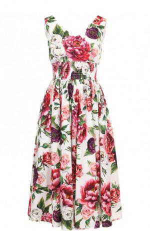 Хлопковое платье-миди с V-образным вырезом и принтом Dolce & Gabbana. Цвет: разноцветный