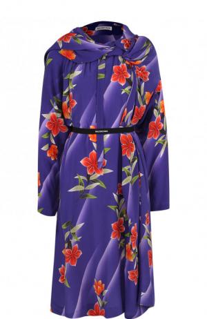 Шелковое платье с поясом и принтом Balenciaga. Цвет: фиолетовый