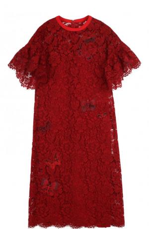 Шелковое кружевное платье-миди Valentino. Цвет: красный