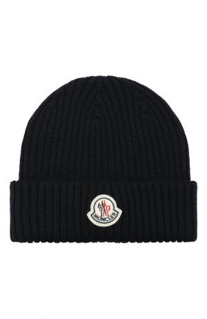 Шерстяная шапка с логотипом бренда Moncler. Цвет: темно-синий