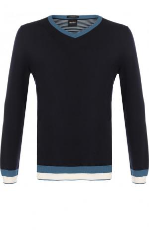 Хлопковый пуловер тонкой вязки BOSS. Цвет: темно-синий