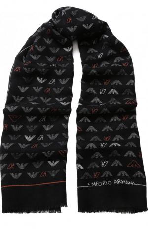 Шерстяной шарф с логотипом бренда и бахромой Emporio Armani. Цвет: черный