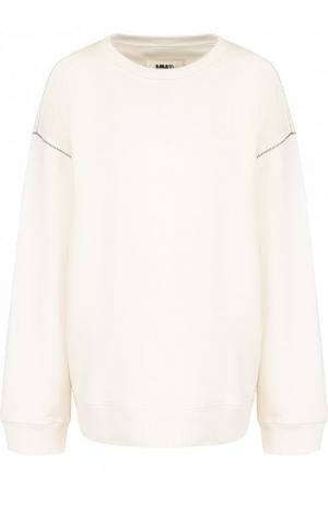 Хлопковый пуловер свободного кроя с круглым вырезом Mm6. Цвет: белый