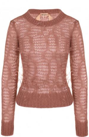 Приталенный вязаный пуловер с перьевой отделкой No. 21. Цвет: розовый