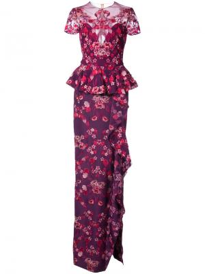 Вечернее платье с баской и цветочным узором Marchesa Notte. Цвет: розовый и фиолетовый