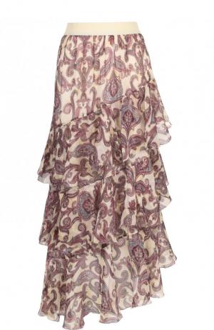Шелковая юбка-миди с оборками и принтом Zimmermann. Цвет: розовый