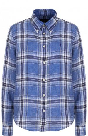 Льняная блуза свободного кроя в клетку Polo Ralph Lauren. Цвет: синий