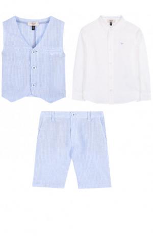 Льняной комплект из рубашки и шорт с жилетом Armani Junior. Цвет: голубой