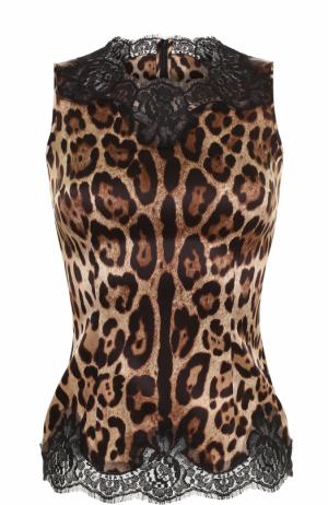 Шелковый топ с леопардовым принтом и кружевной отделкой Dolce & Gabbana. Цвет: леопардовый