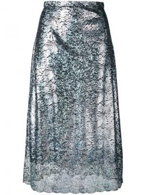 Блестящая гипюровая юбка длины миди Christopher Kane. Цвет: металлический