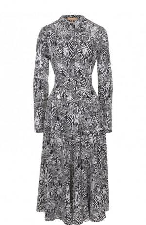 Приталенное шелковое платье-миди с принтом Michael Kors Collection. Цвет: черно-белый