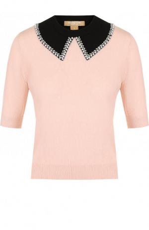 Кашемировый пуловер с укороченным рукавом и декоративной отделкой Michael Kors Collection. Цвет: светло-розовый