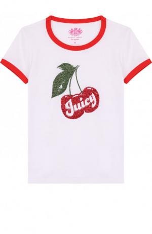 Хлопковая футболка с контрастной отделкой и стразами Juicy Couture. Цвет: белый