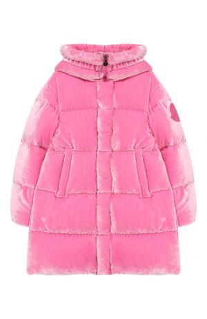 Пуховое пальто с текстильной отделкой и капюшоном Moncler Enfant. Цвет: розовый