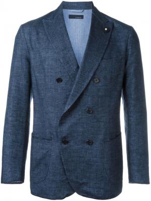 Тканый двубортный пиджак Lardini. Цвет: синий