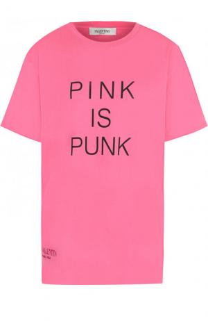 Хлопковая футболка свободного кроя с надписью Valentino. Цвет: розовый