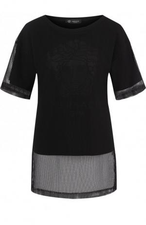 Однотонная футболка с круглым вырезом и перфорированием Versace. Цвет: черный