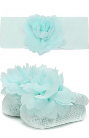 Комплект из пинетки и повязки на голову с цветочным декором La Perla. Цвет: зеленый